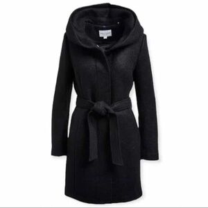 COLE HAAN Wool Coat Black Hooded Wrap Around Tie Waist Pockets